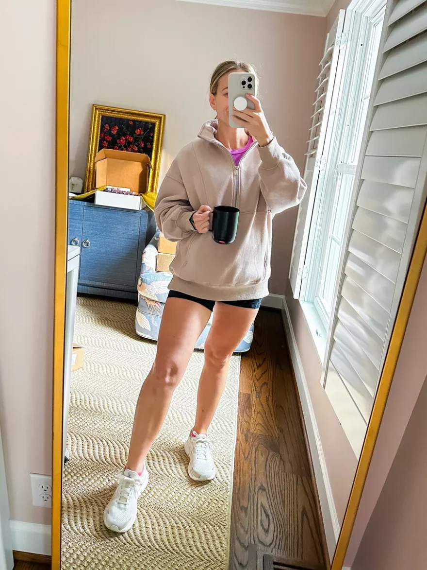 TeriLyn Adams wearing Half Zip Oversized Sweatshirt for Pregnancy Workout Outfits 