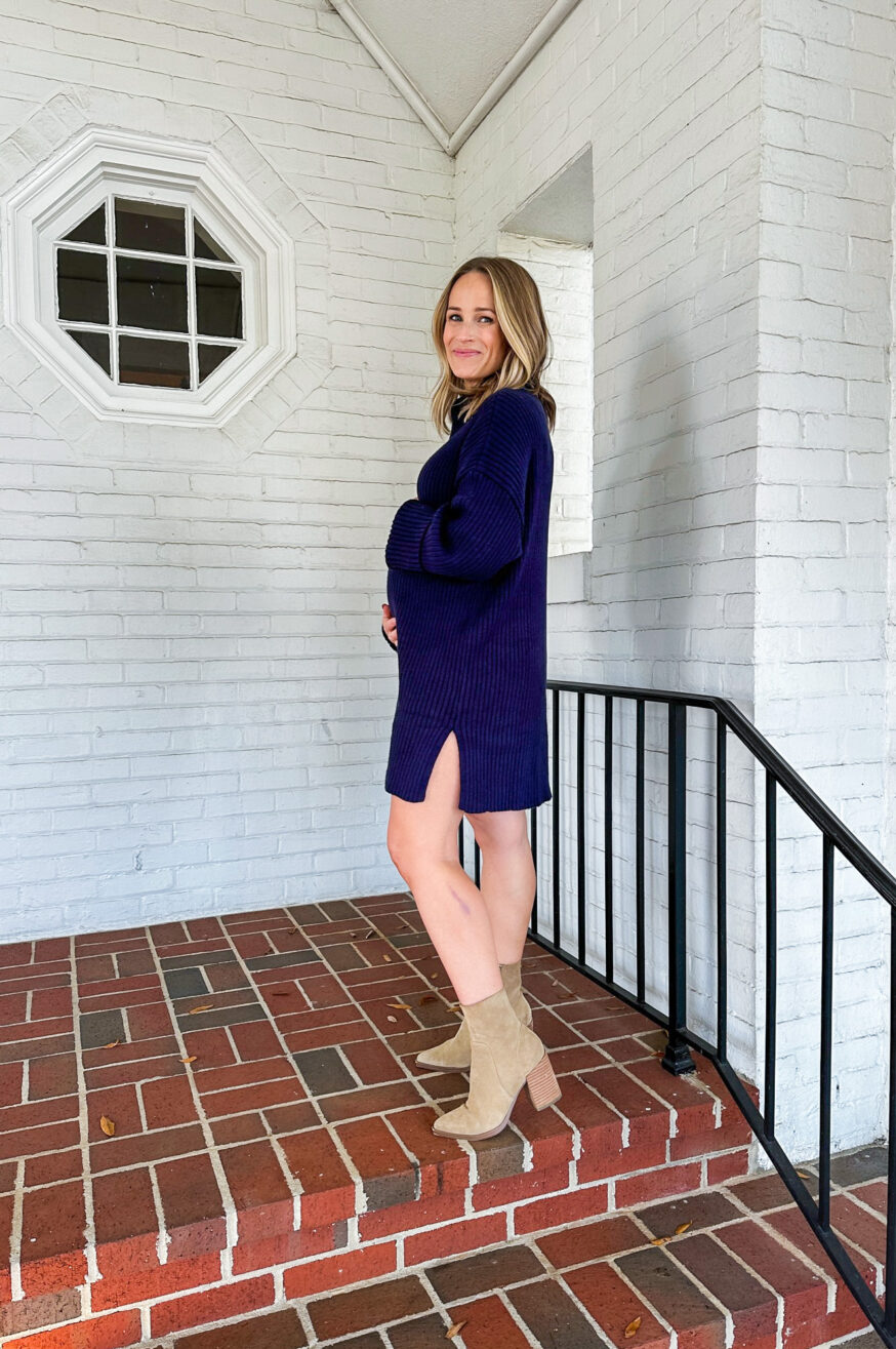 woman wearing Navy Turtleneck Sweater Dress from Amazon Maternity Clothes