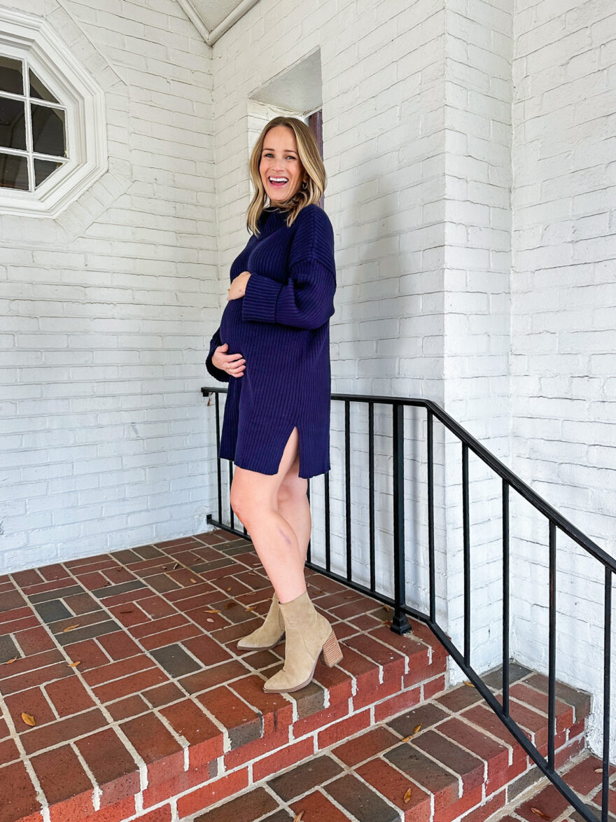 TeriLyn Adams wearing Navy Turtleneck Sweater Dress from Amazon Maternity Clothes