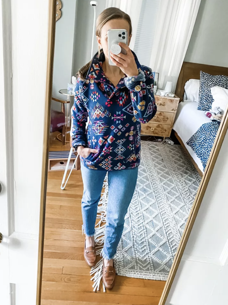 fun patterned pullover | February Outfit Roundup