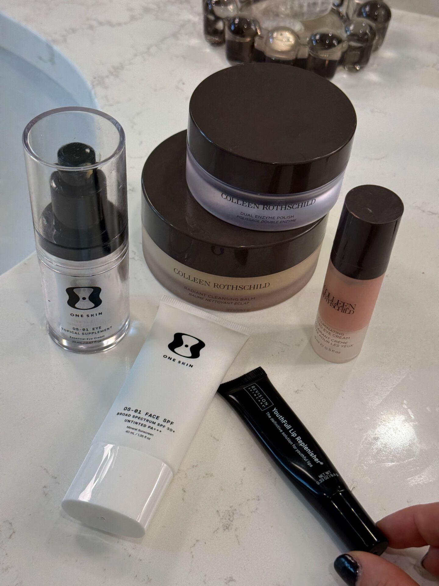 Amazon skincare colleen rothschild and oneskin products on bathroom counter
