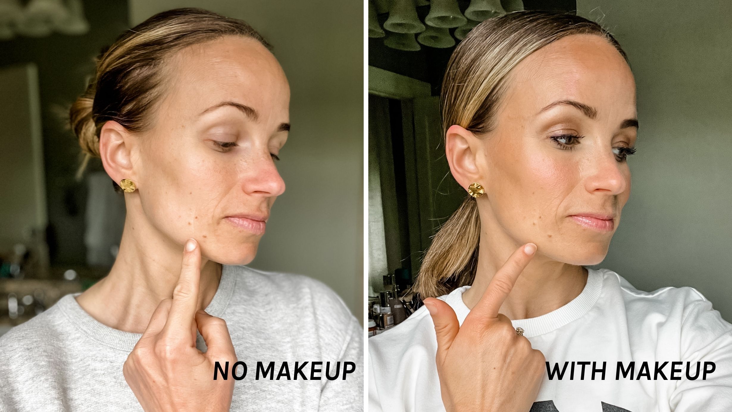 TeriLyn Adams showing her skin with no makeup and with makeup using SkinMedica TNS Advanced Serum