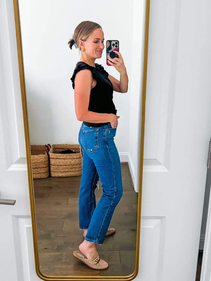 Woman taking selfie in Abercrombie Ultra High Rise Ankle Straight Jean