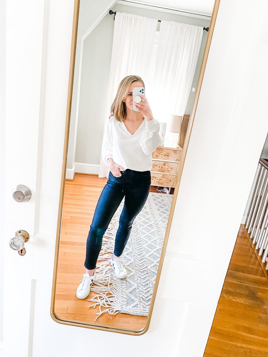 TeriLyn Adams wearing skinny jeans from Madewell Jeans and white sweater