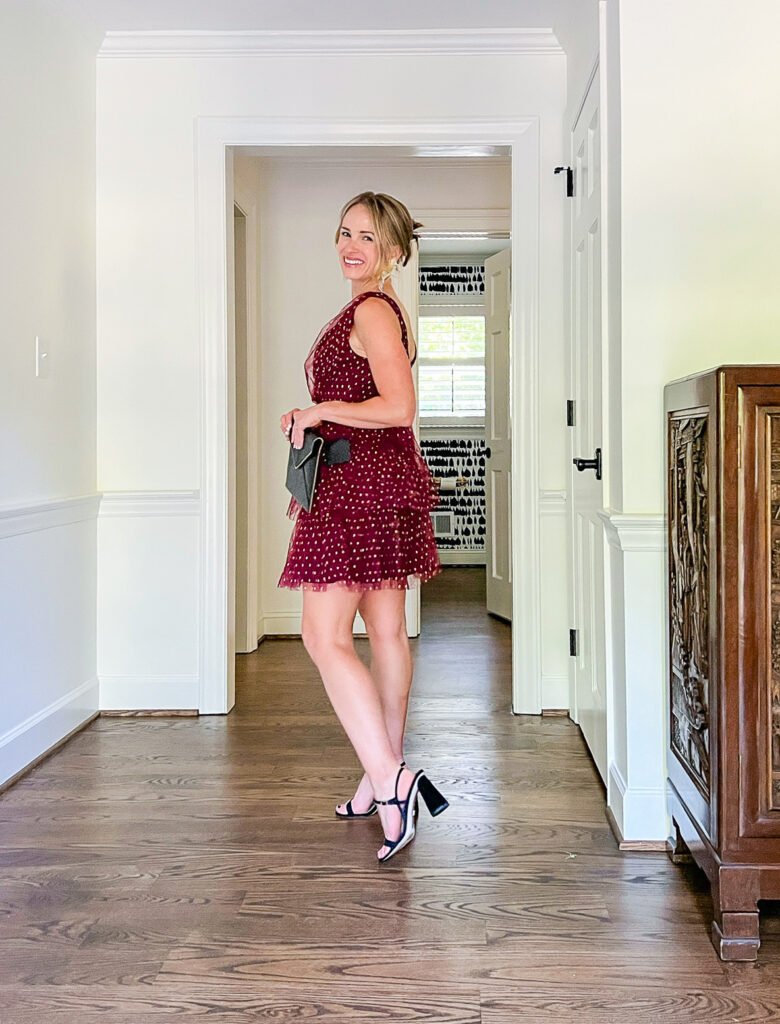 side details of the Forever Sparkling Burgundy Dotted Mesh Tiered Mini Dress 