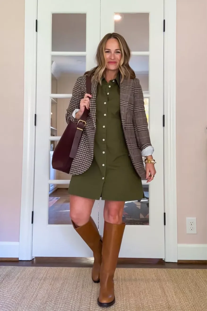 TeriLyn Adams sharing What to Wear in 40 Degree Weather with her shirt dress and blazer