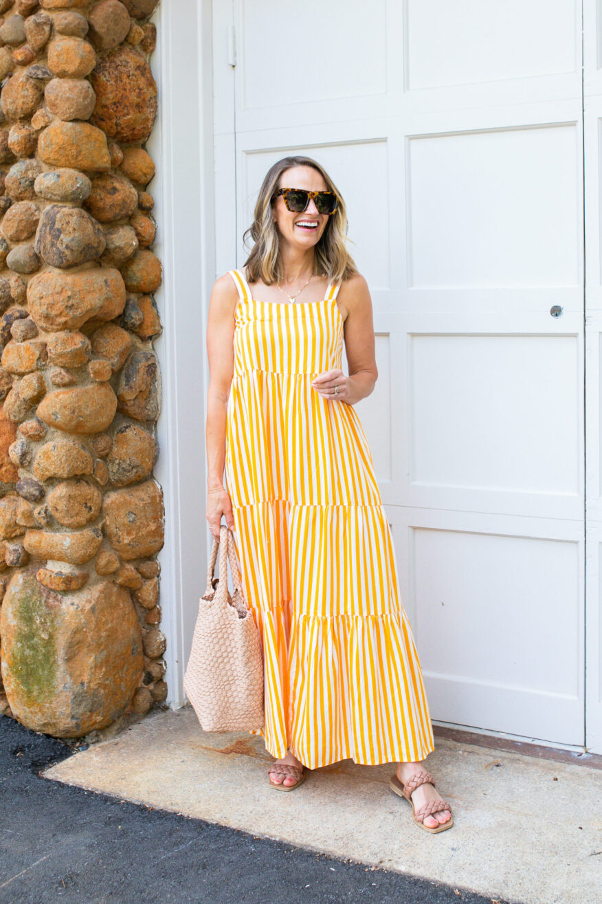 TeriLyn Adams wearing Britt Tiered Maxi Tent Dress in stripes one of her Favorite Spring Amazon Dresses