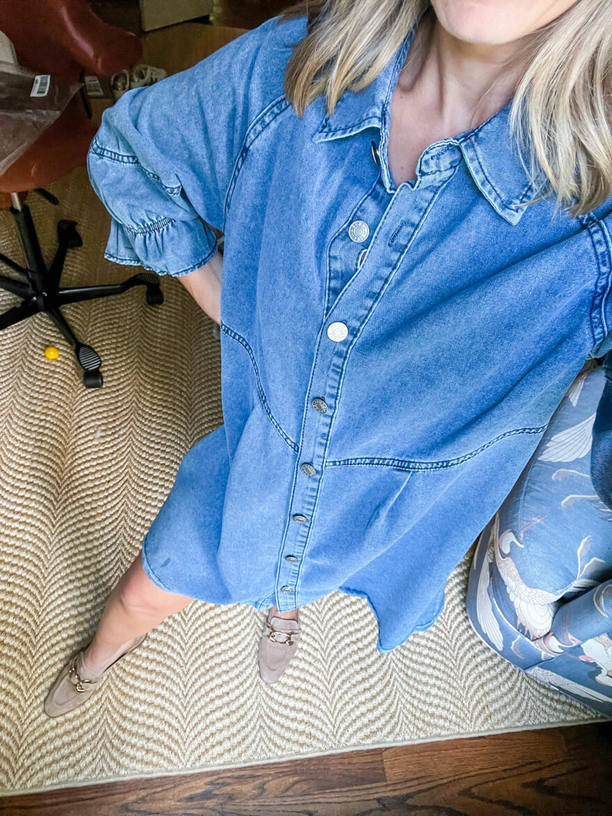 TeriLyn Adams showing the details of her Chambray Denim Shirt Dress 