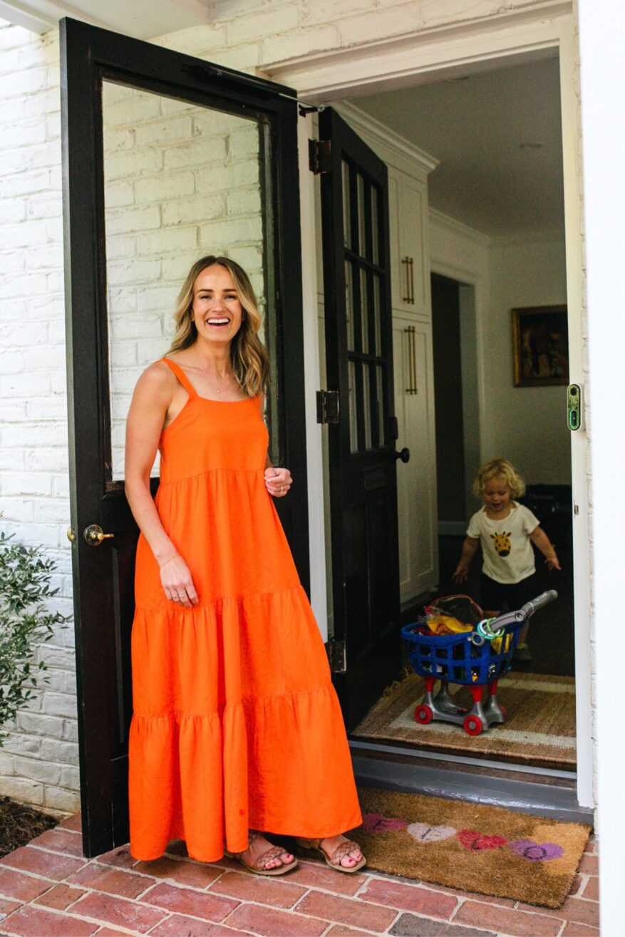 TeriLyn Adams wearing Britt Tiered Maxi Tent Dress in orange