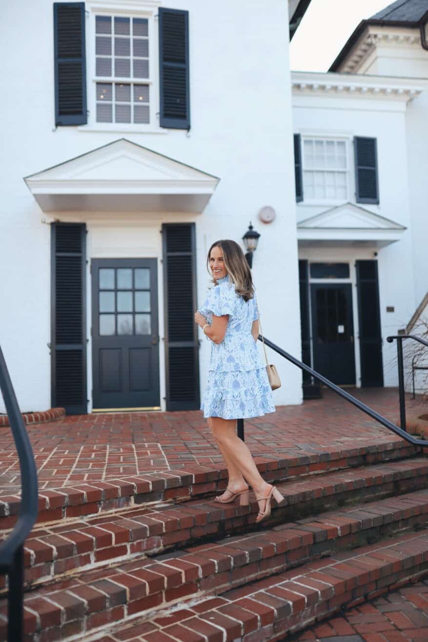 Woman wearing a light blue midi dress