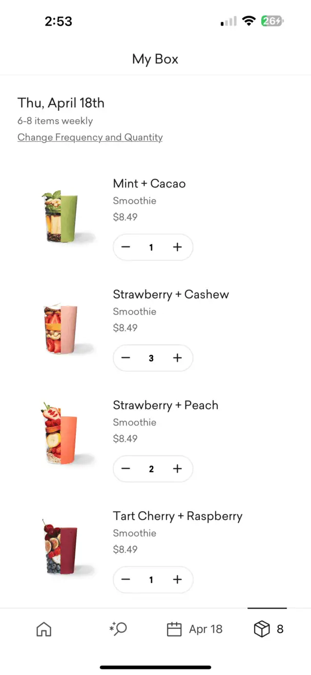 screenshot of Daily Harvest Smoothie order