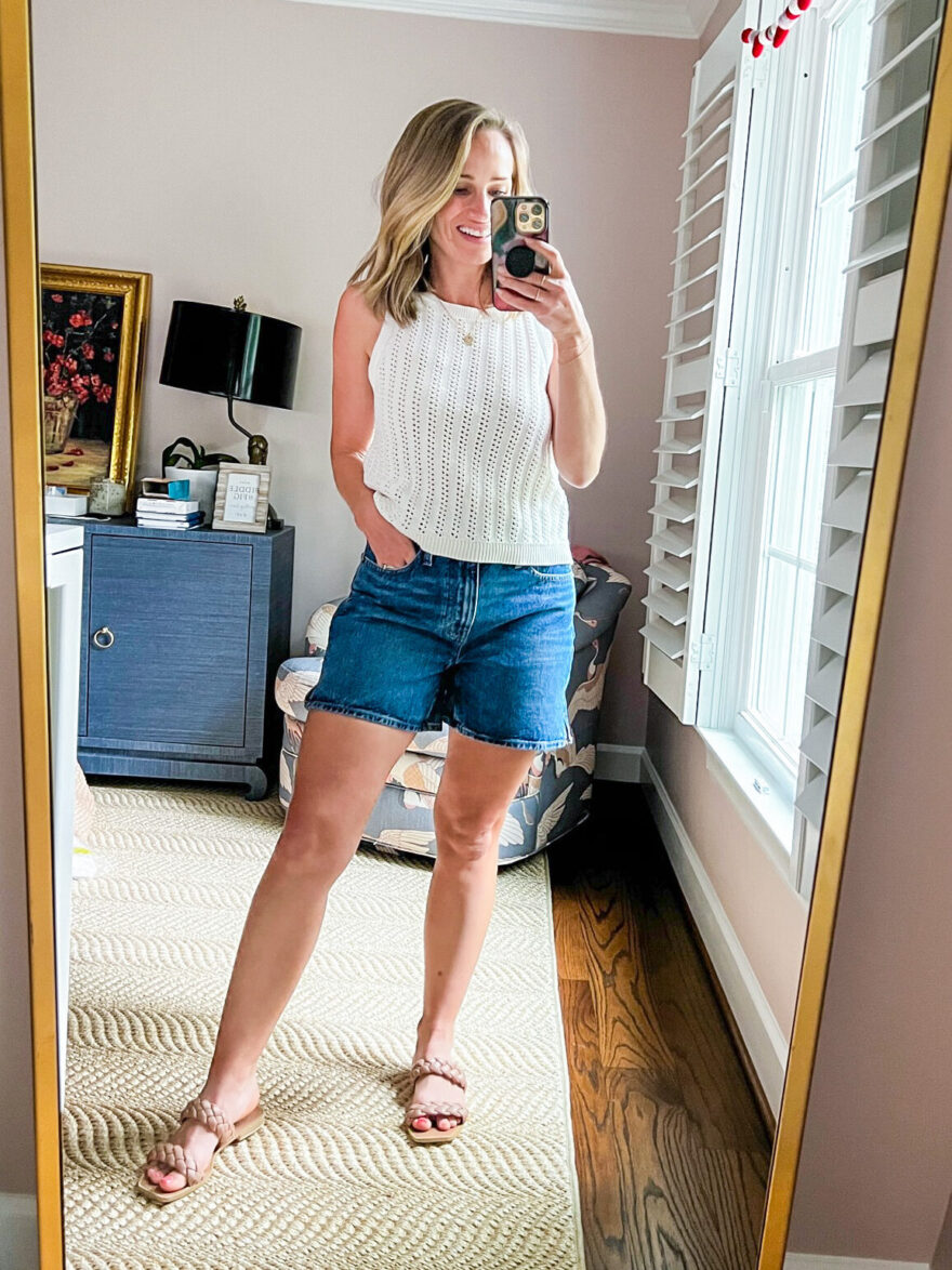 TeriLyn Adams wearing the Relaxed Mid-Length Denim Shorts from Madewell