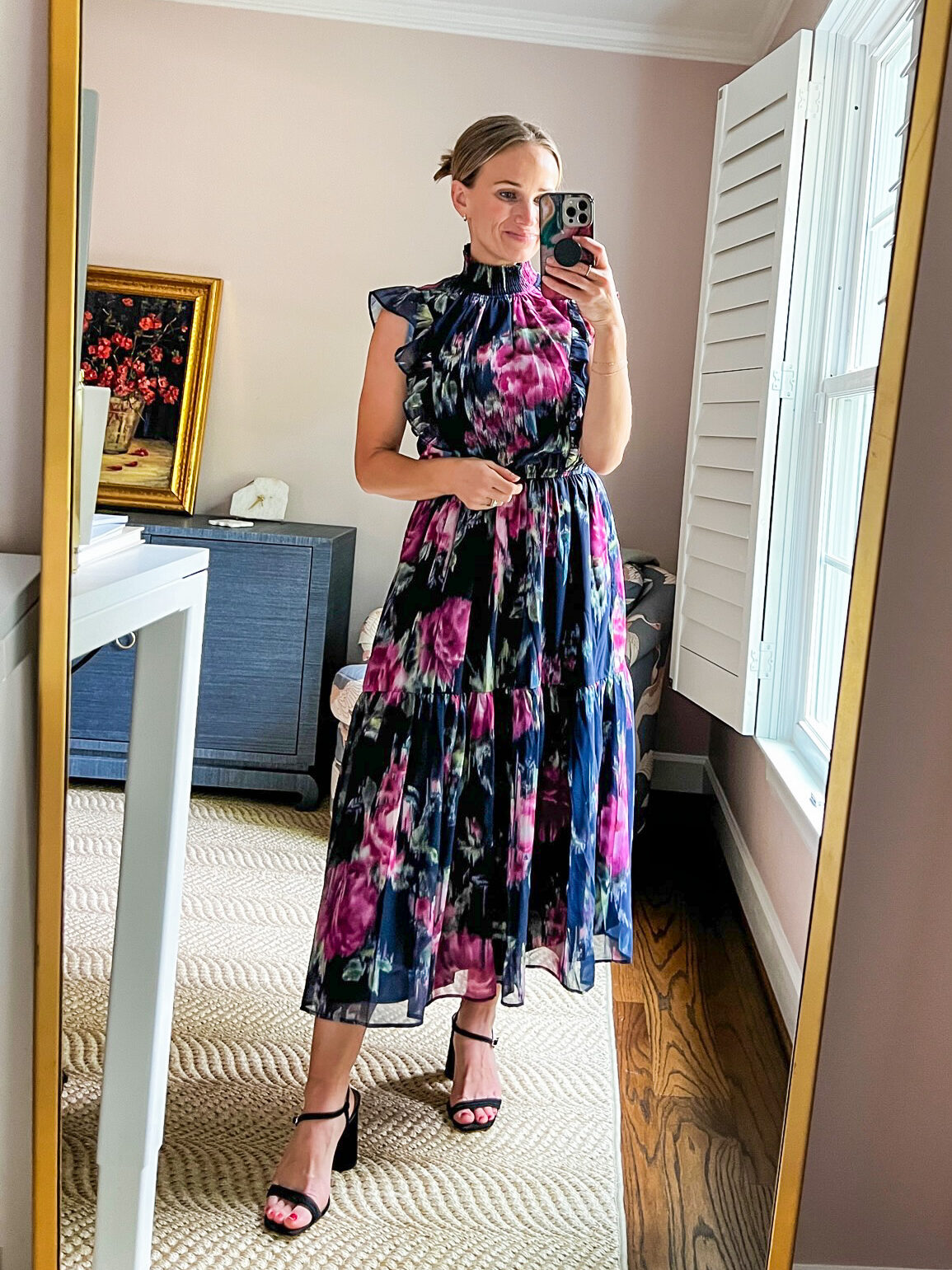 TeriLyn Adams in a blue floral midi dress from nordstrom