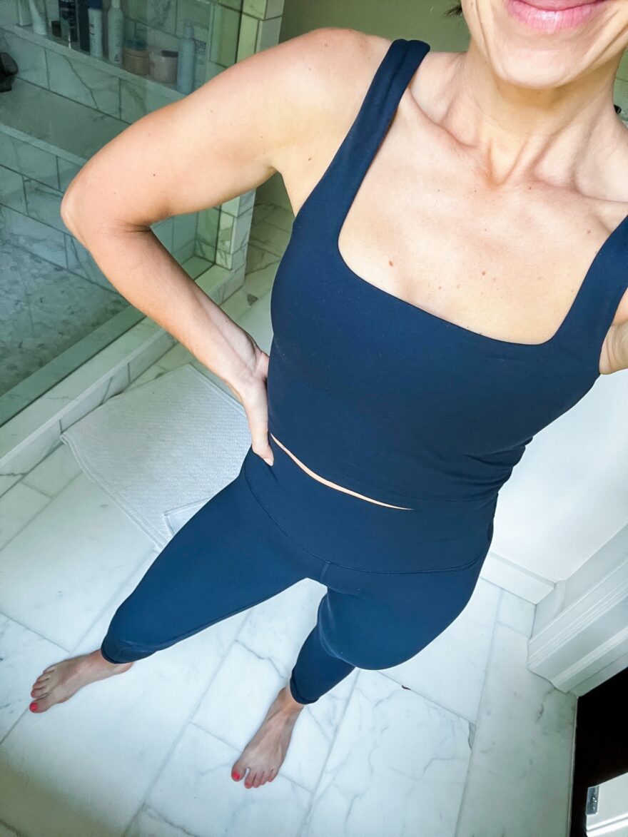 TeriLyn Adams wearing CRZ YOGA Butterluxe Square Neck Longline Sports Bra from amazon workout clothes