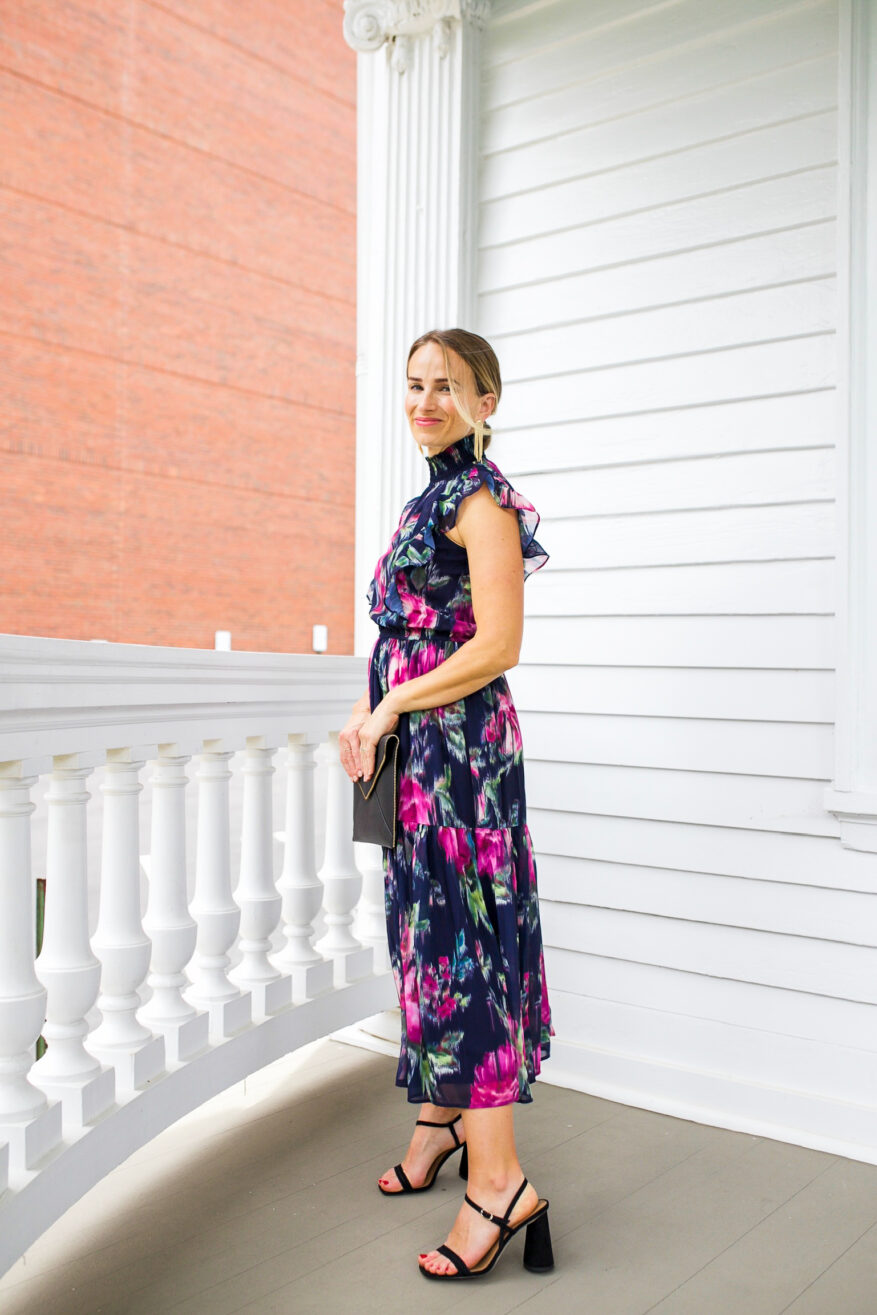 TeriLyn Adams showing the details of herAnna Floral Chiffon Dress for Fall Wedding Guest Dresses