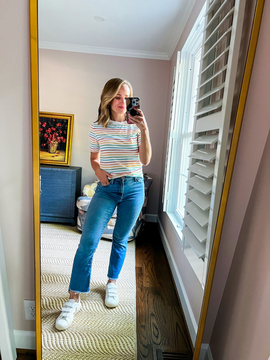 woman wearing Striped Tee and Blue Jeans