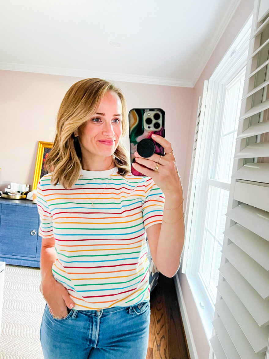 TeriLyn Adams showing the details of her Striped Tee as a Cute Teacher Outfits