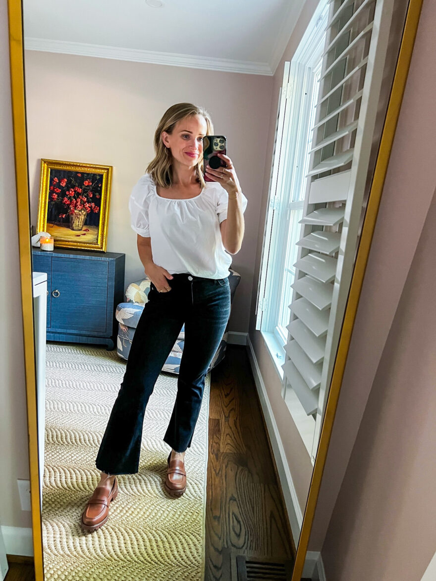 TeriLyn Adams wearing Black Jeans and a White  Blouse as a Cute Teacher Outfits