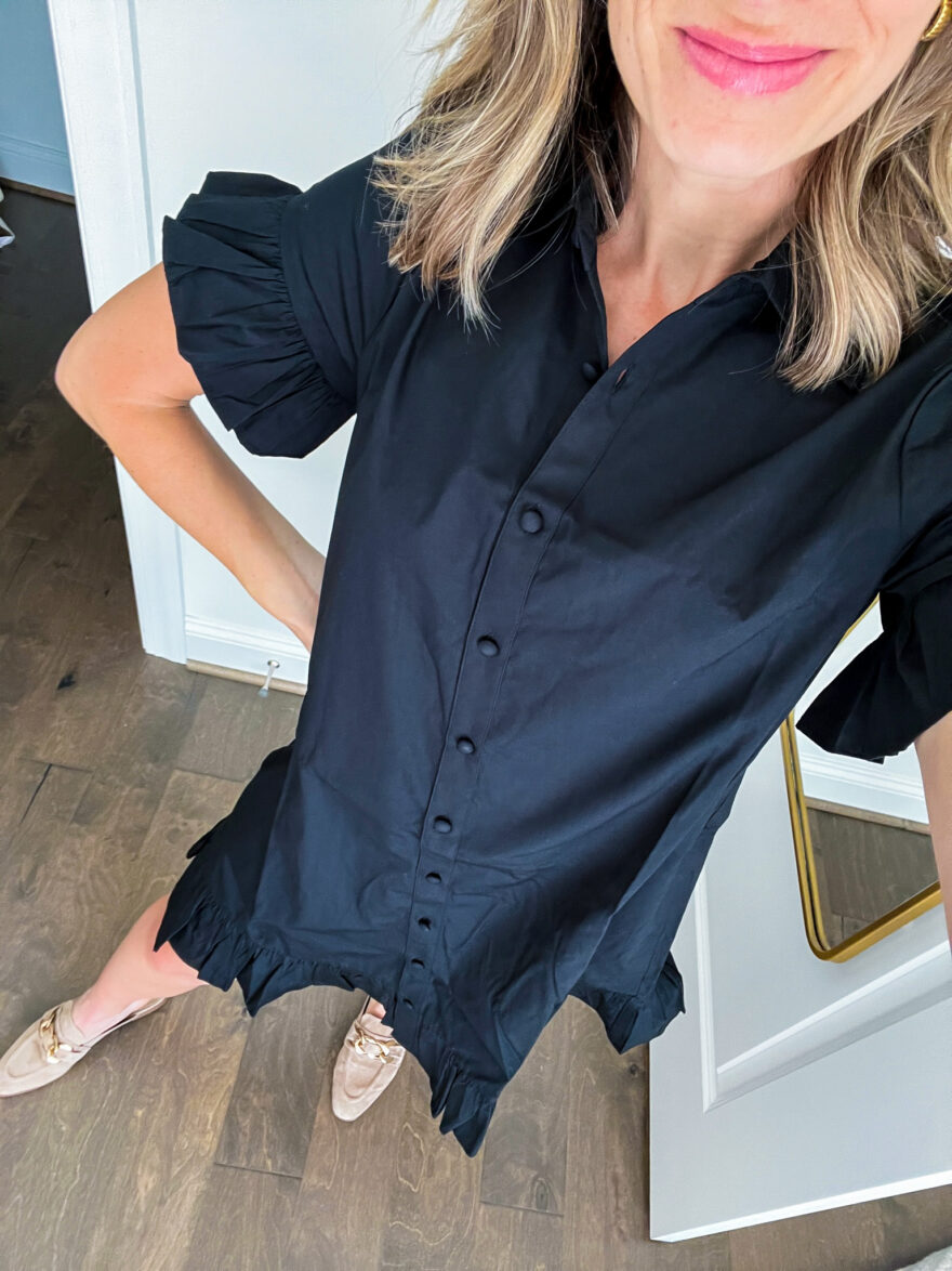 TeriLyn Adams showing the details of her Ruffle-Hem Shirtdress in Cotton Poplin one of the Best J.Crew Dresses for Fall