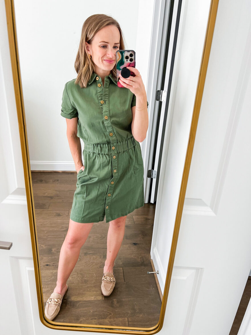 TeriLyn Adams wearing Button Front Chino Dress one of the Best J.Crew Dresses for Fall