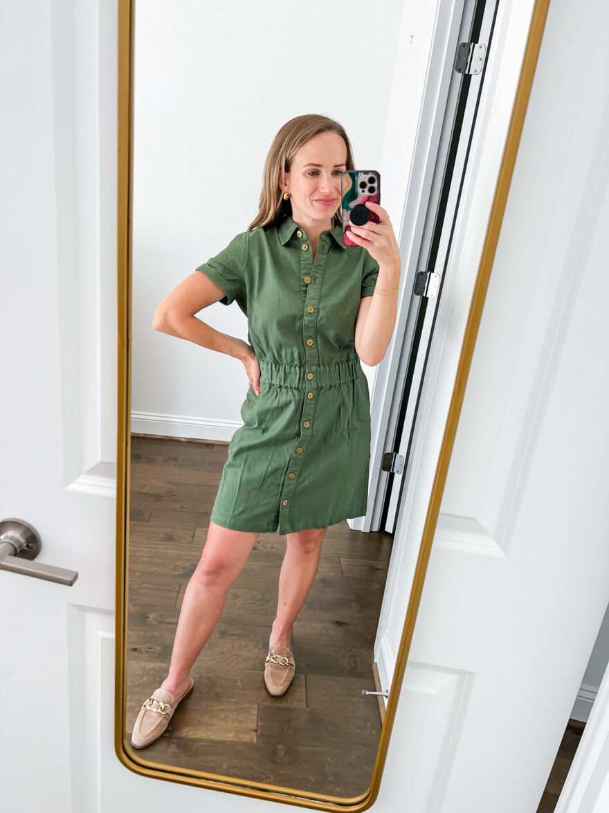 TeriLyn Adams taking a selfie while wearing Button Front Chino Dress one of the Best J.Crew Dresses for Fall
