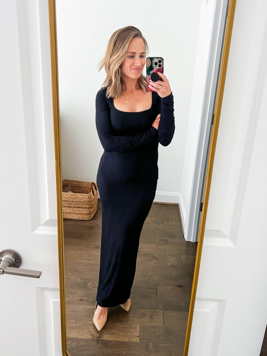 TeriLyn Adams wearing Squareneck Ribbed Maxi Bodycon Sweater Dress one of the Affordable Fall Dresses