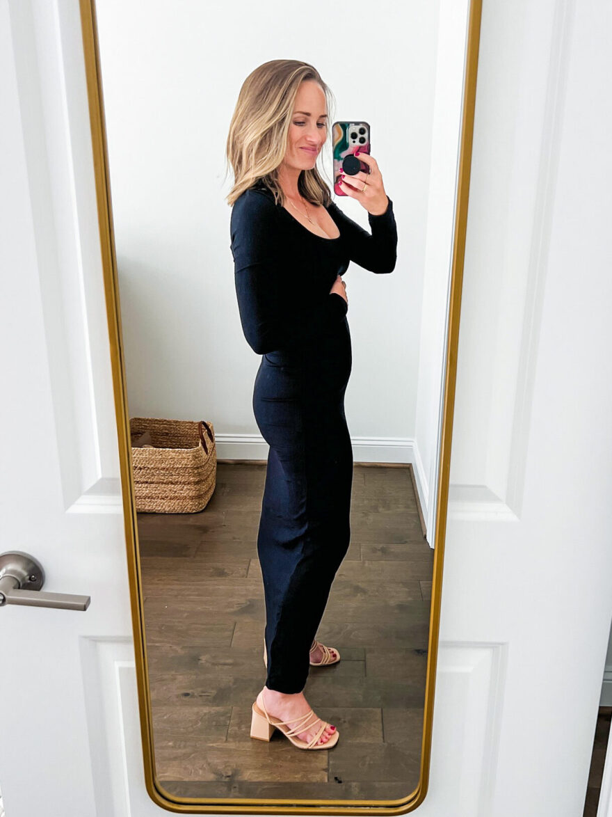 TeriLyn Adams wearing Squareneck Ribbed Maxi Bodycon Sweater Dress from Amazon Best-Sellers