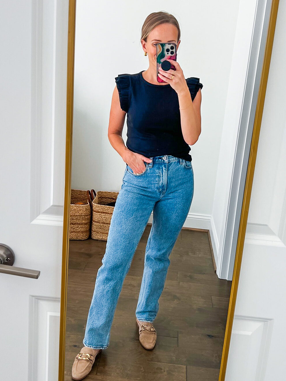 TeriLyn Adams wearing the Ultra High Rise 90s Straight Jeans one of the Best Abercrombie Jeans 