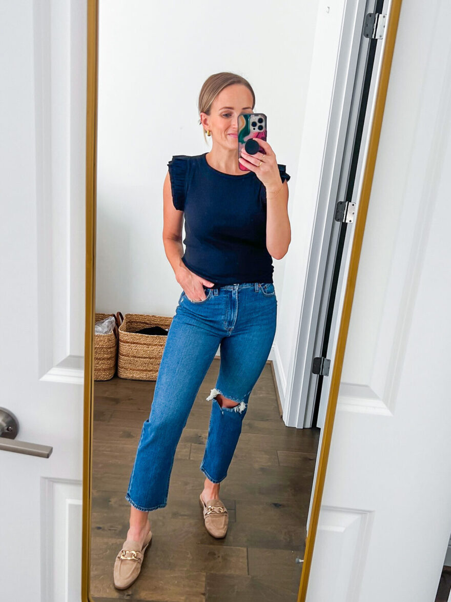 TeriLyn Adams wearing the Abercrombie and Fitch Ultra High-Rise Ankle Straight Jean