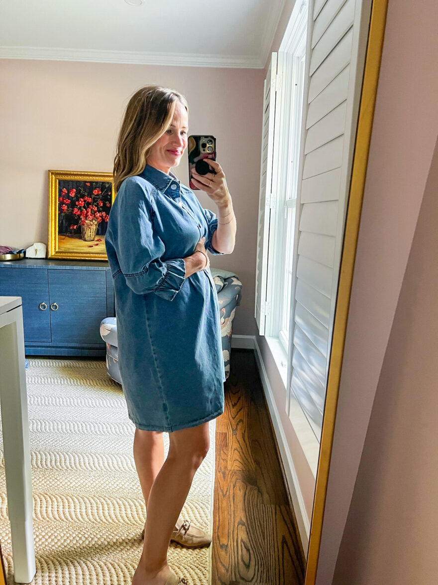 TeriLyn Adams showing her baby bump while wearing Chambray Denim Shirt Dress from Amazon Fall Fashion