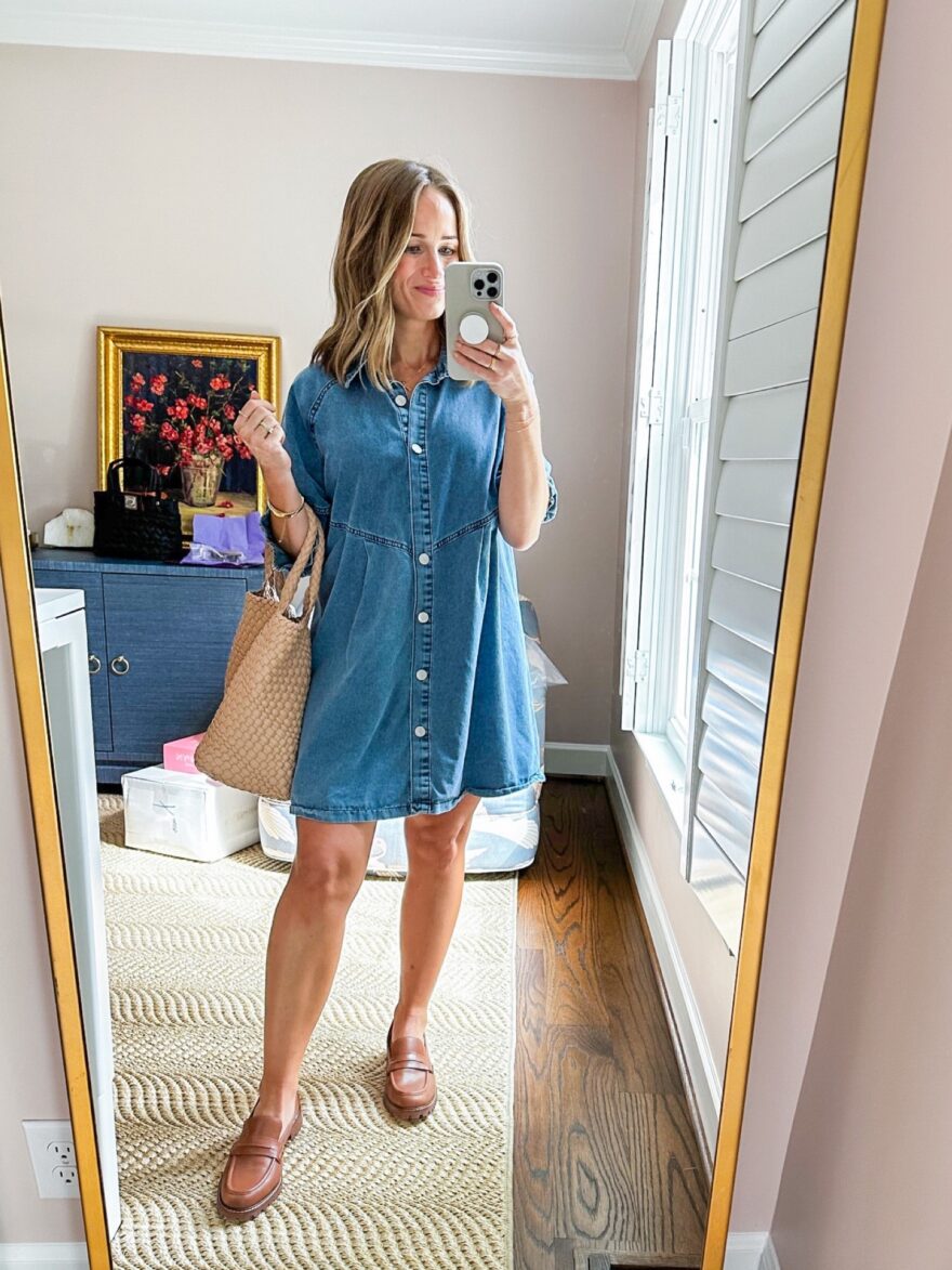 TeriLyn Adams wearing Chambray Denim Shirt Dress one of the Affordable Fall Dresses