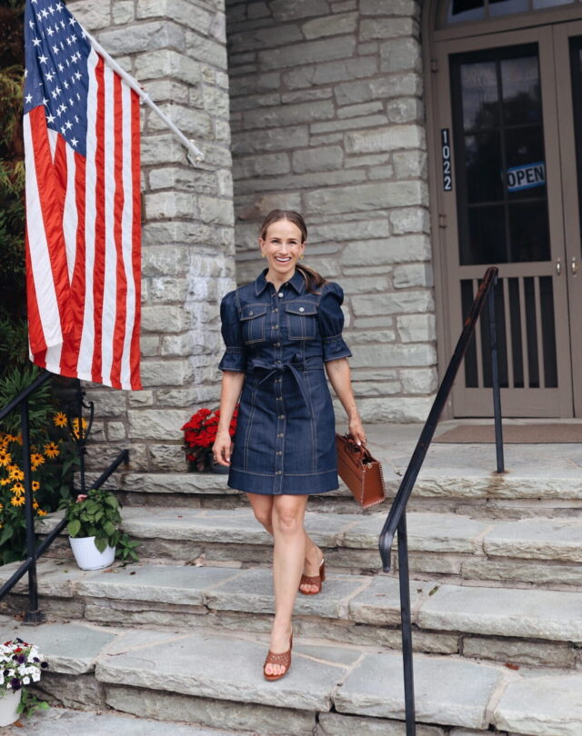 Woman walking down the stairs in a Nordstrom dress