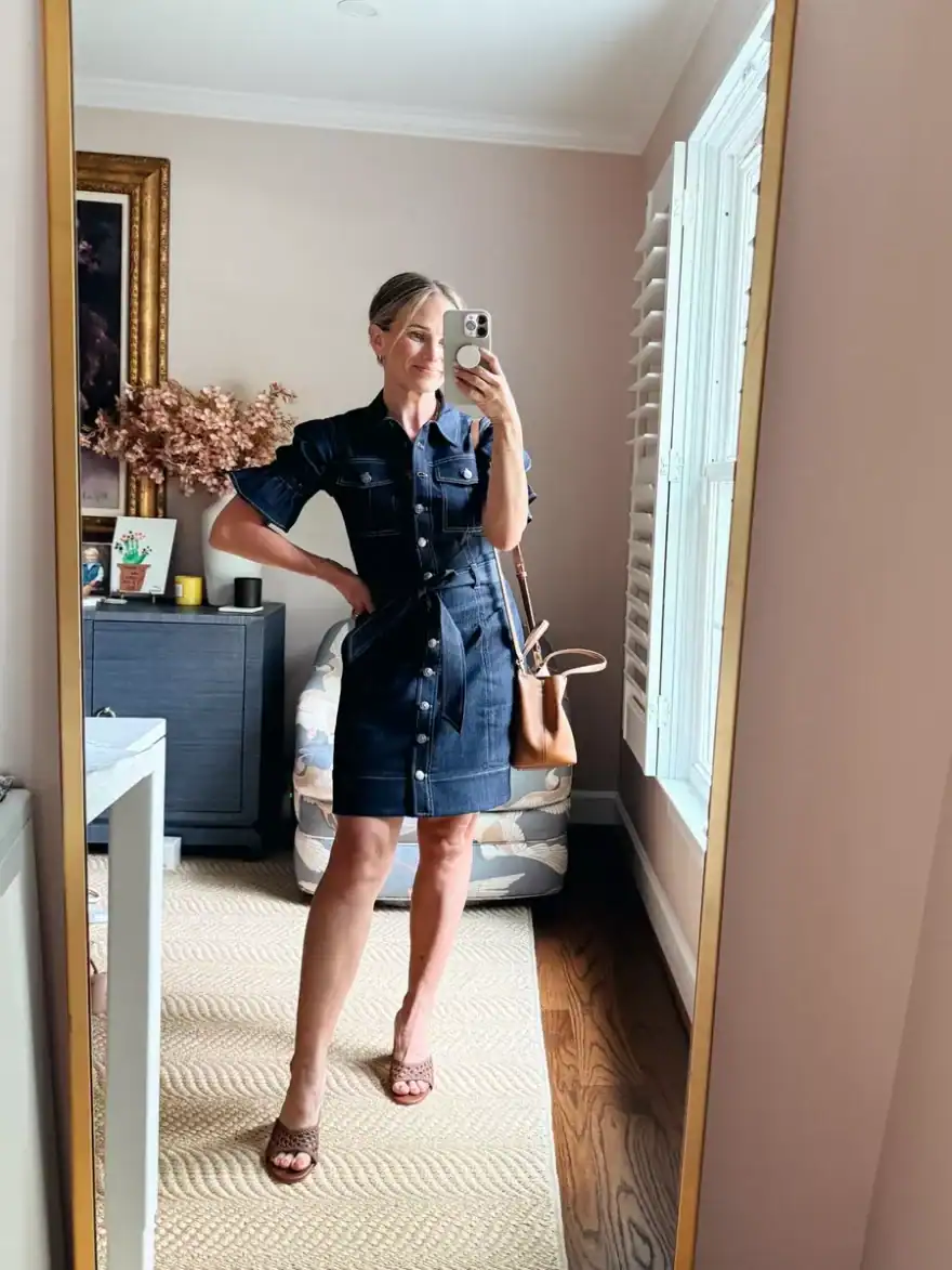Woman wearing Veronica Beard Belted Denim Shirtdress 