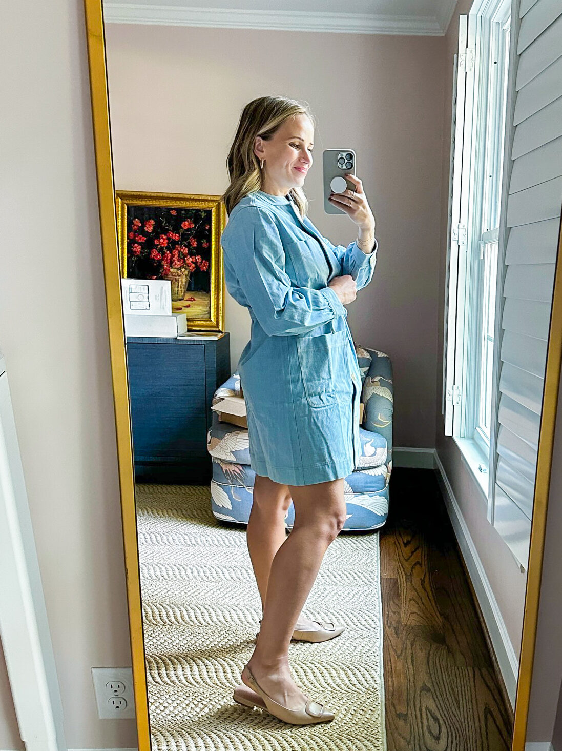 TeriLyn Adams showing the side details of her Chambray Crosby Dress one of the Best Tuckernuck Dresses