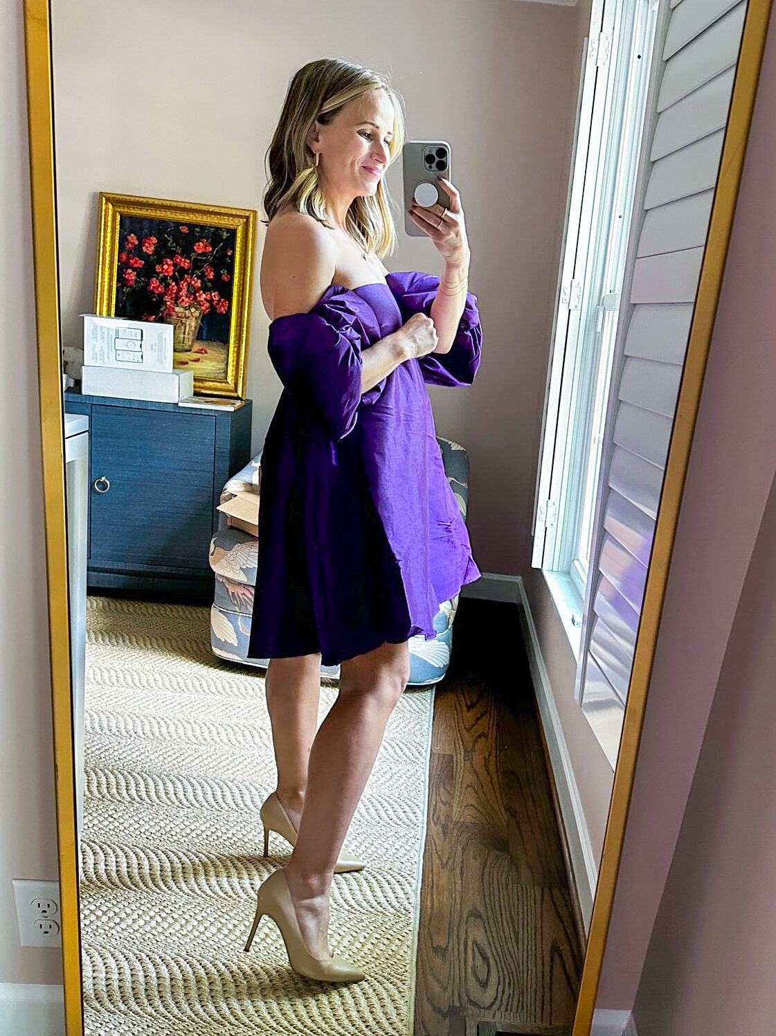 TeriLyn Adams showing the side details of her Purple Gitta Mini Dress for Random Everyday Amazon Essentials