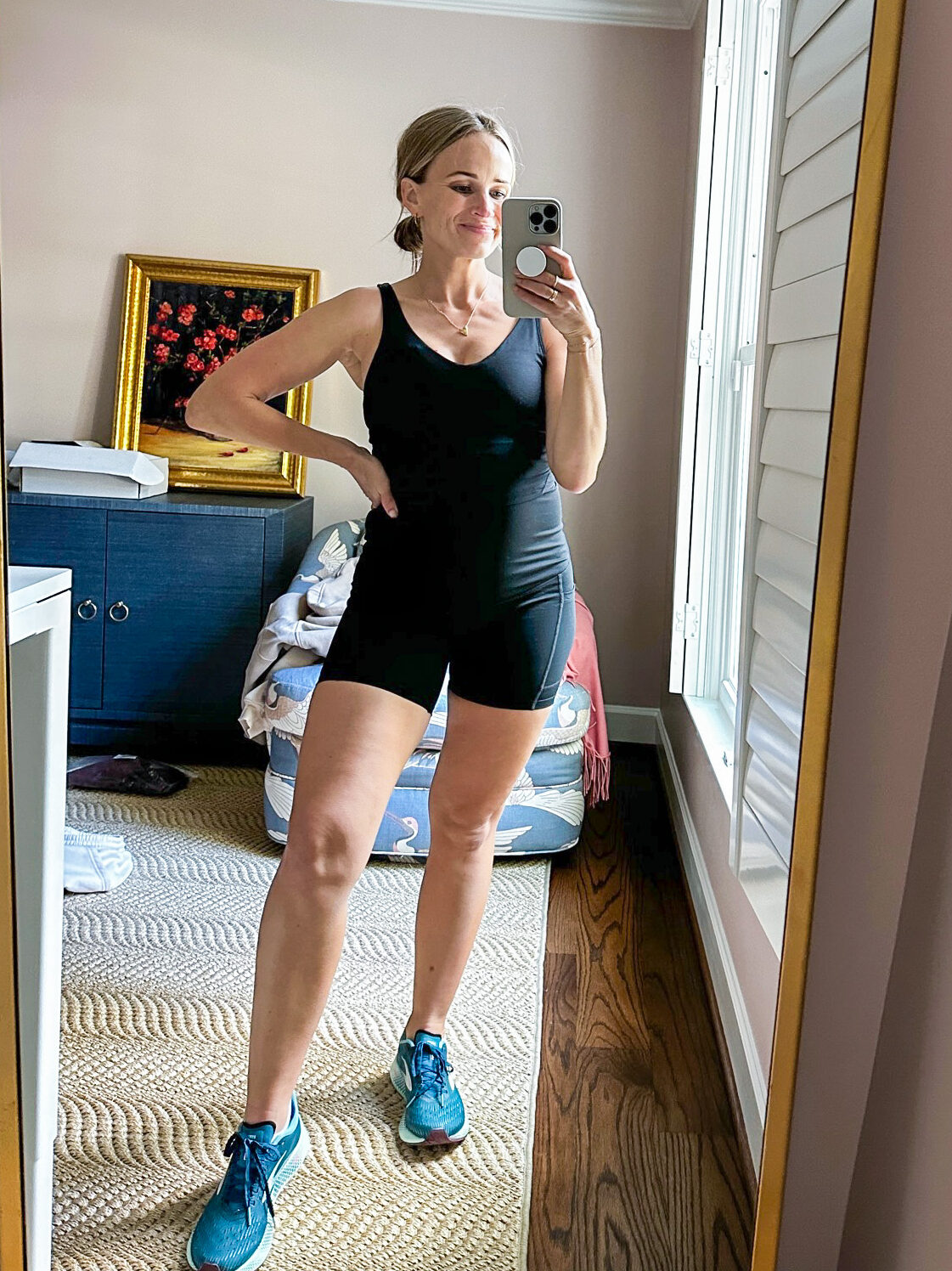 TeriLyn Adams taking a selfie while wearing POSHDIVAH Maternity Yoga Shorts  for Pregnancy Workout Outfits