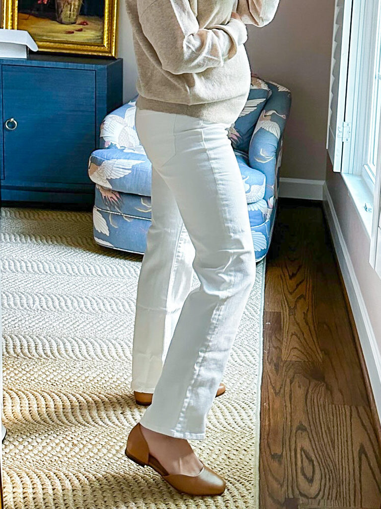 woman wearing Maternity Over-the-Belly Perfect Vintage Straight Jean in Tile White
