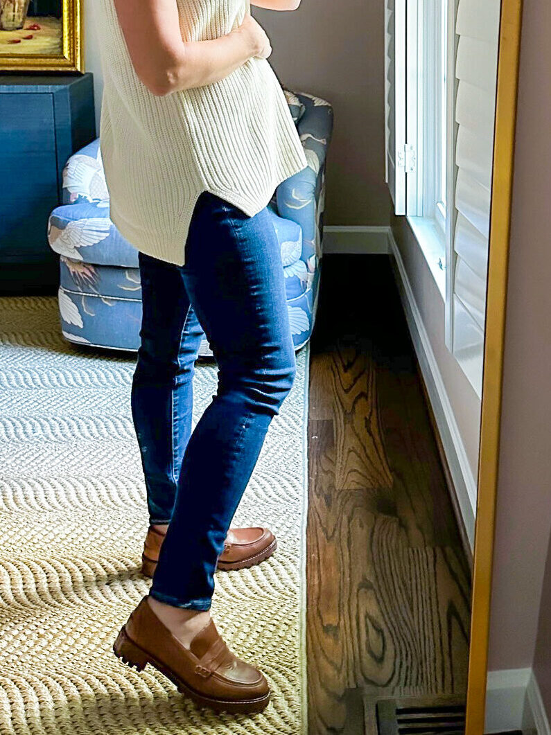 TeriLyn Adams wearing Maternity Over-The-Belly High-Rise Skinny Jeans in Smithley Wash