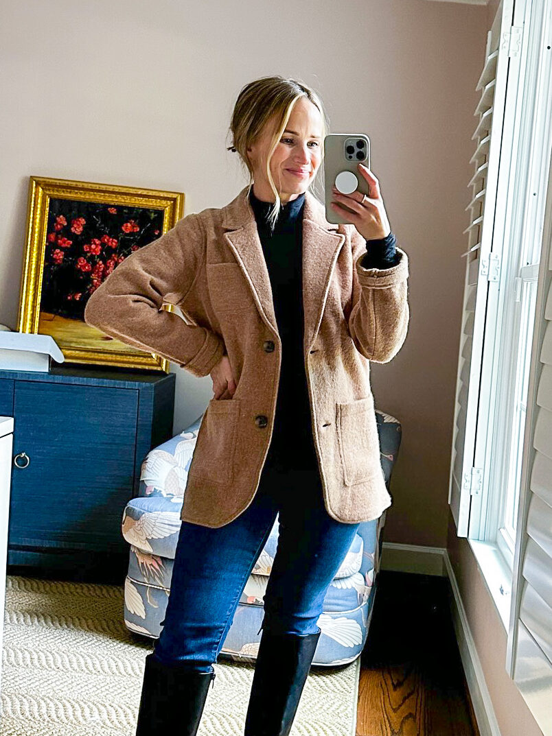 woman in Boiled Wool Sweater Blazer one of Madewell Fall Finds