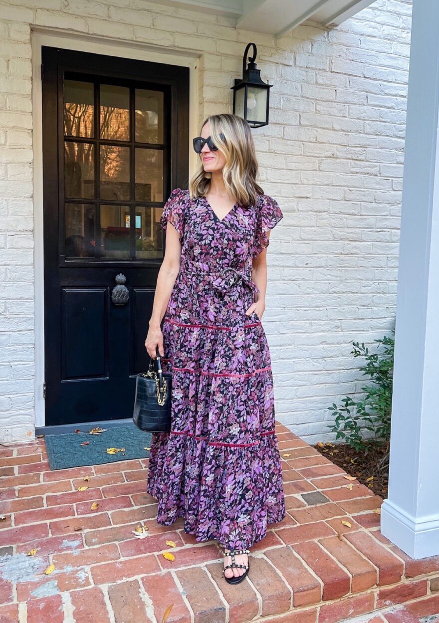 TeriLyn Adams wearing purple printed dress and sharing Dresses for Fall Family Photos