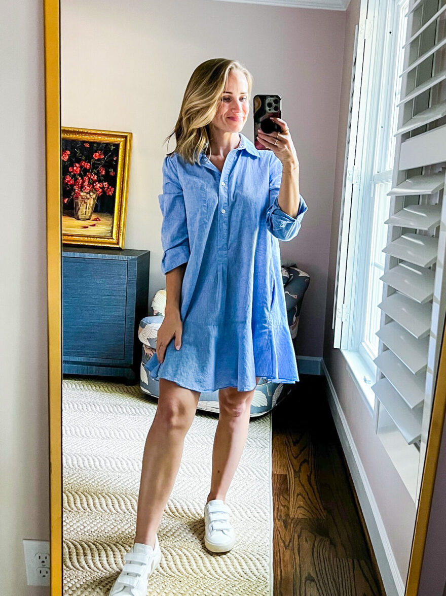 TeriLyn Adams wearing blue dress and white sneakers to wear with dresses