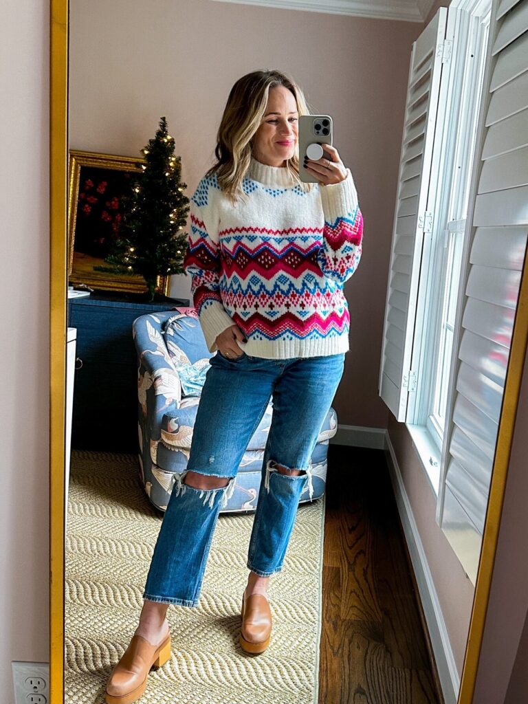 Classic Red Christmas Motif Fair Isle Crew Neck Pullover Mini Sweater Dress