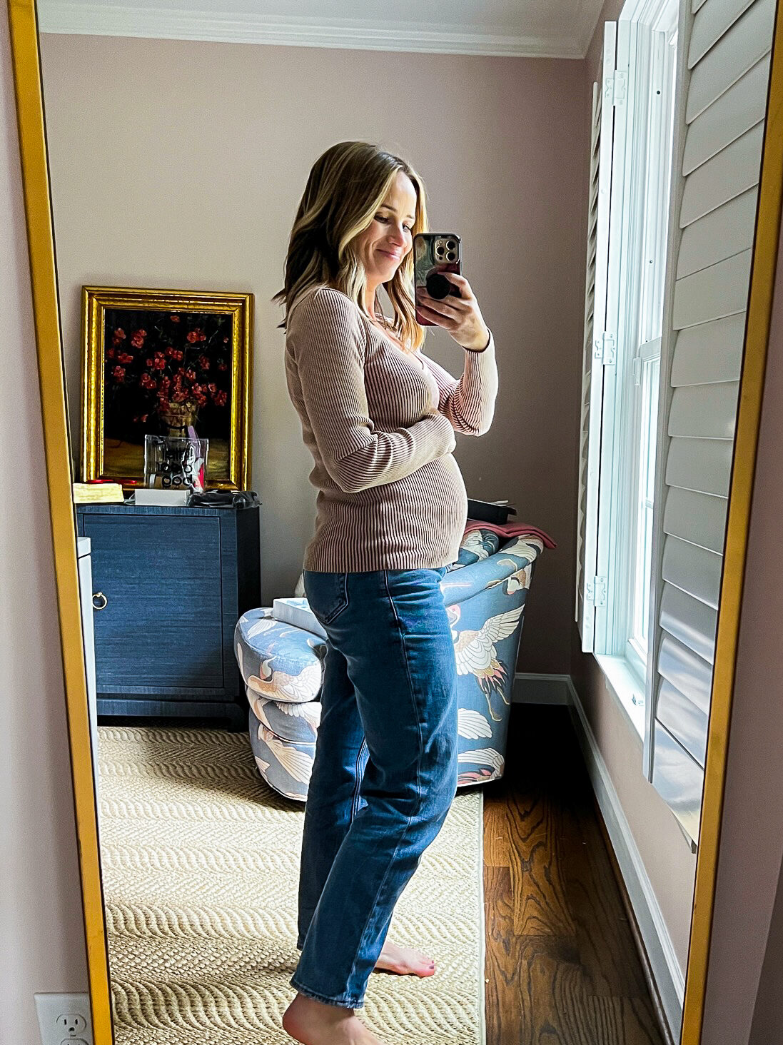 TeriLyn Adams wearing pants and Mocha Ribbed V-Neck Long Sleeve Maternity Top