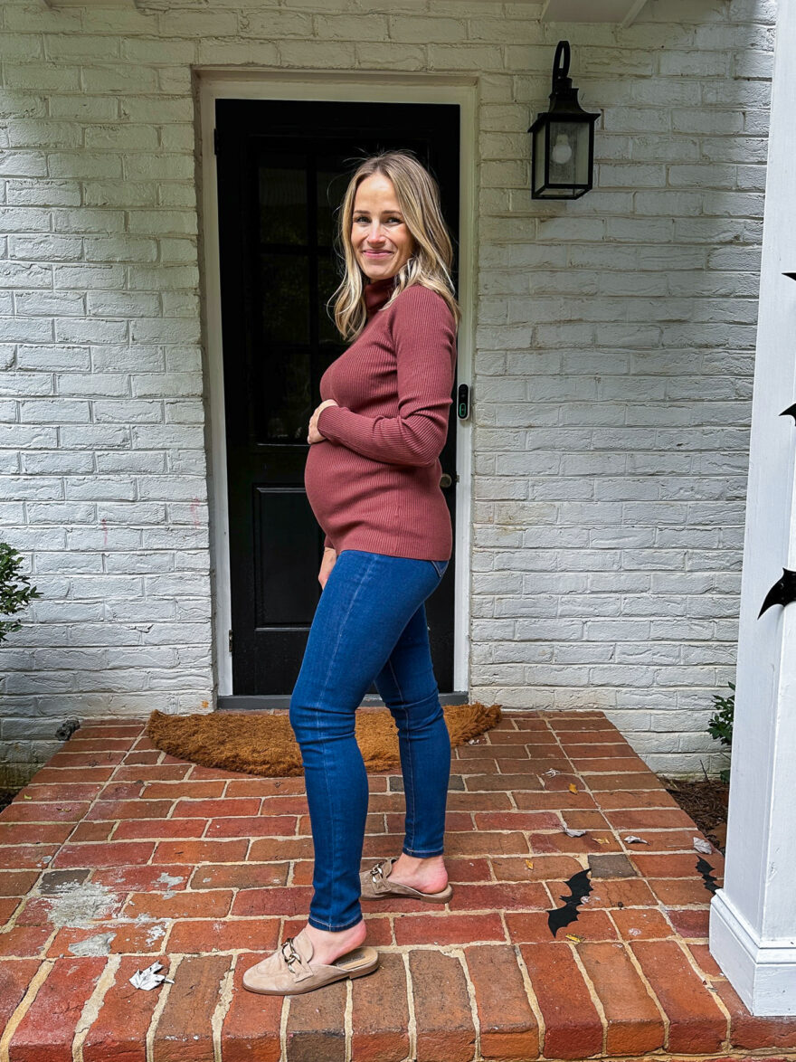 TeriLyn Adams wearing pants and Brown Ribbed Fitted Long Sleeve Maternity Top