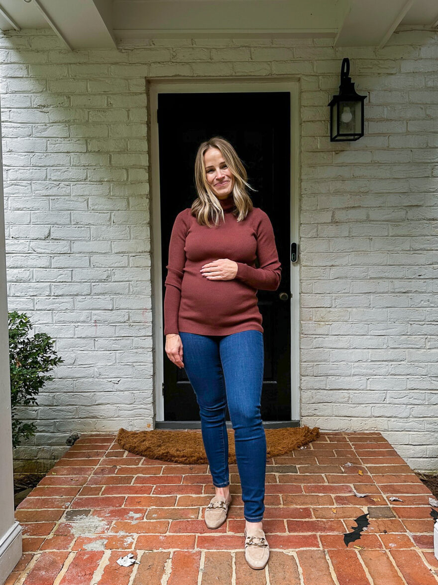 TeriLyn Adams wearing the Brown Ribbed Fitted Long Sleeve Maternity Top