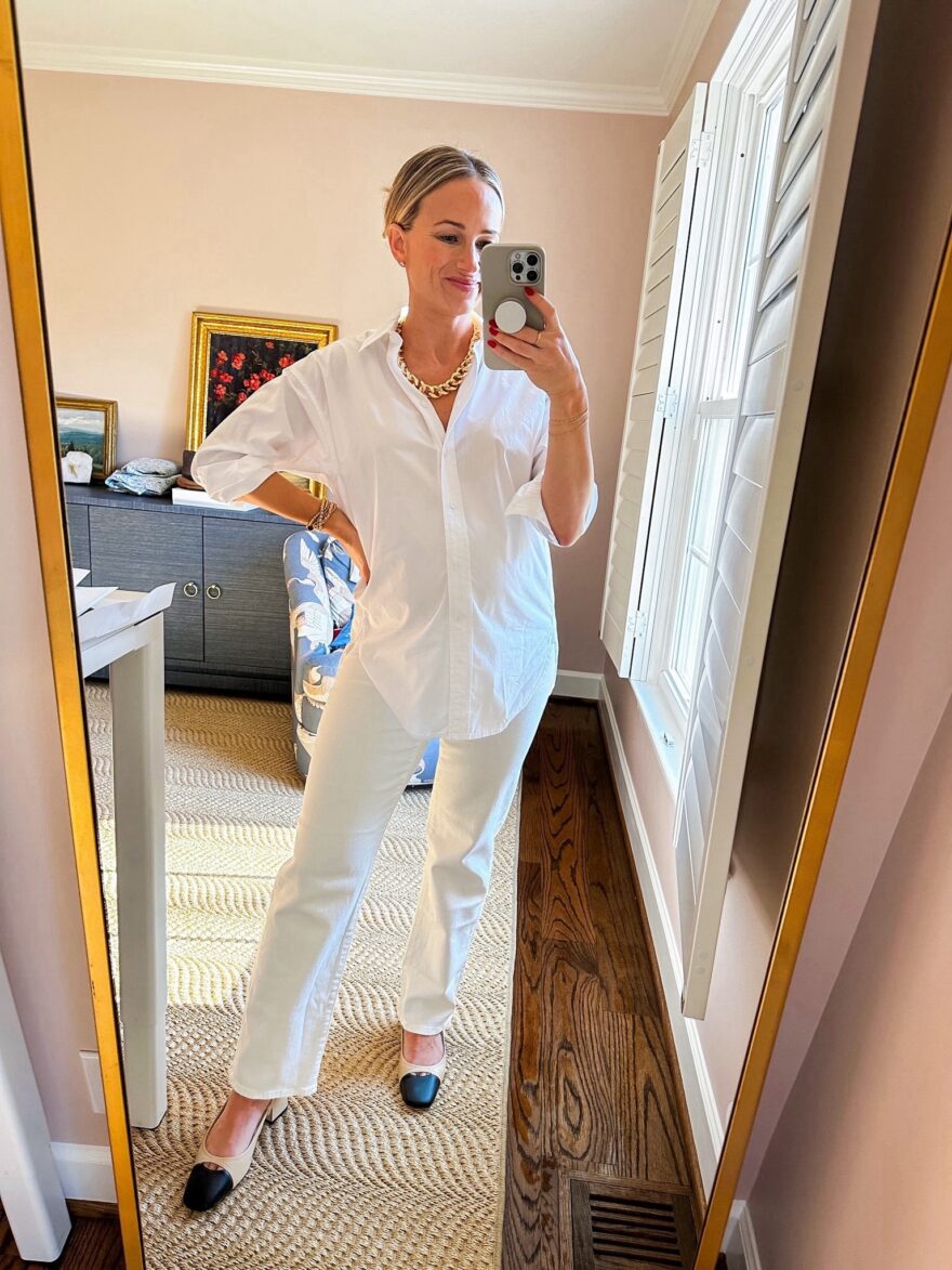 TeriLyn Adams wearing white button down shirt and Petite Maternity Jeans