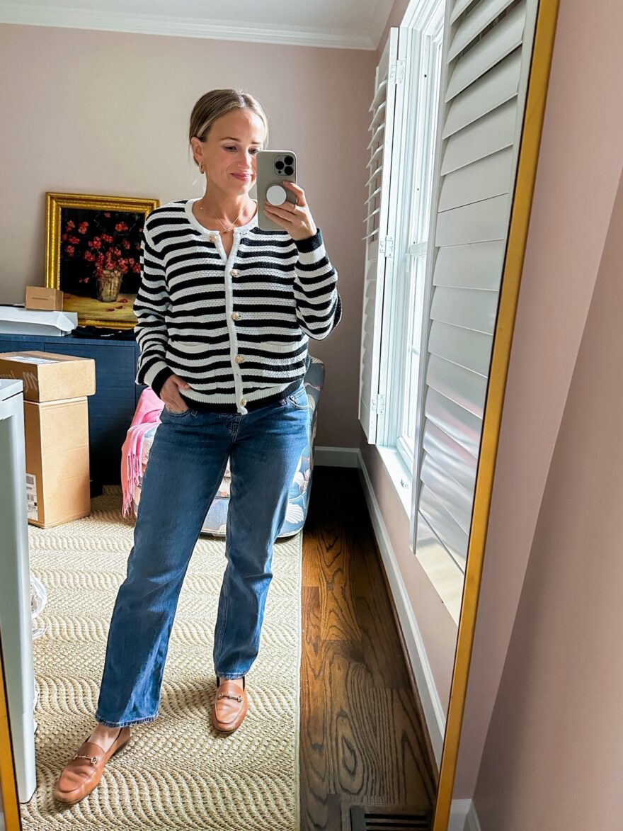 TeriLyn Adams wearing striped sweater and Petite Maternity Jeans