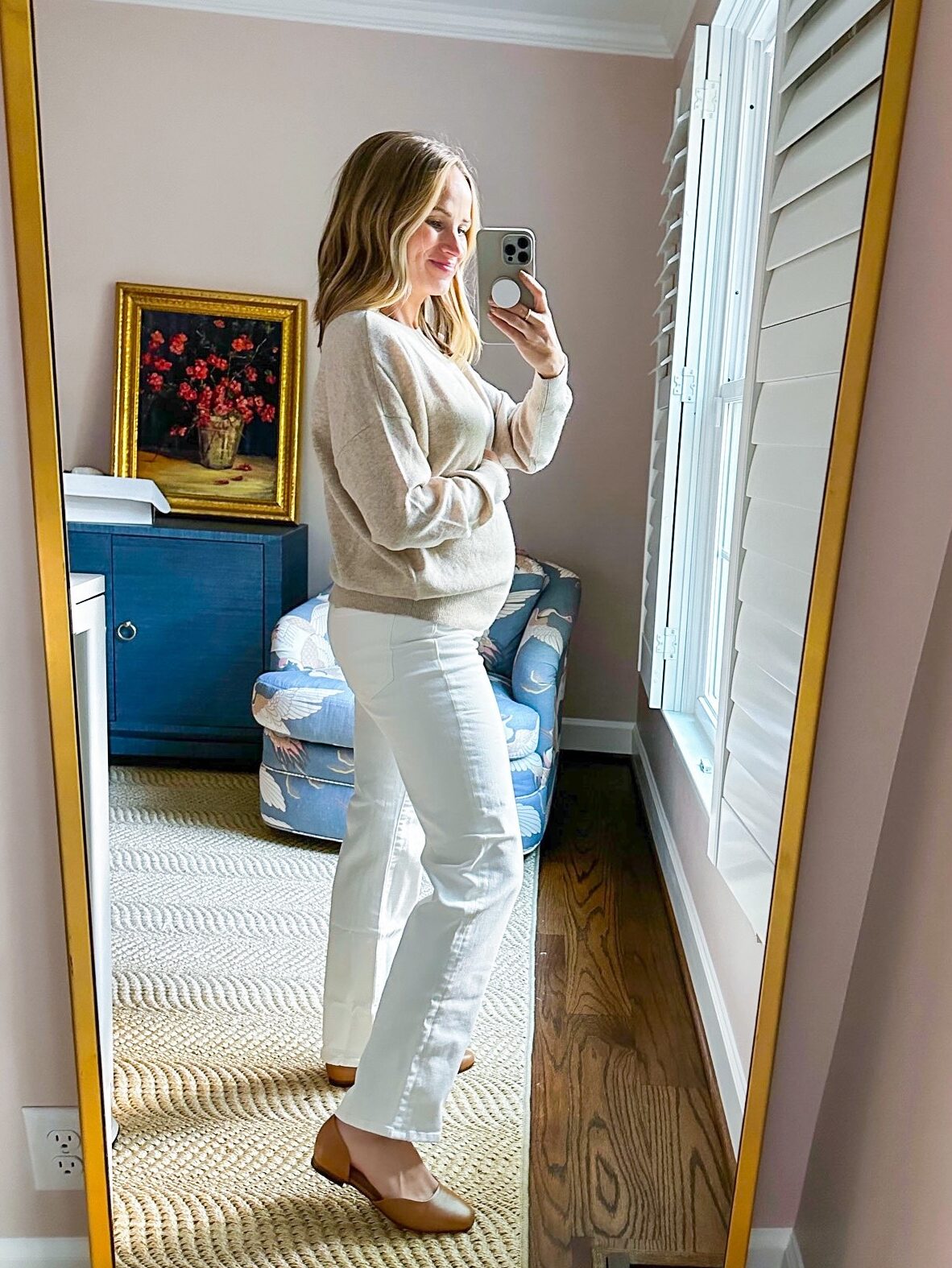TeriLyn Adams wearing sweater and Petite Maternity Jeans
