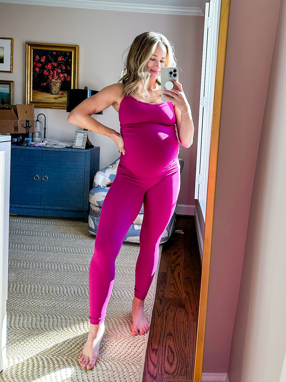 TeriLyn Adams wearing pink CRZ YOGA Womens Butterluxe Maternity Leggings 25" - Maternity Leggings on Amazon