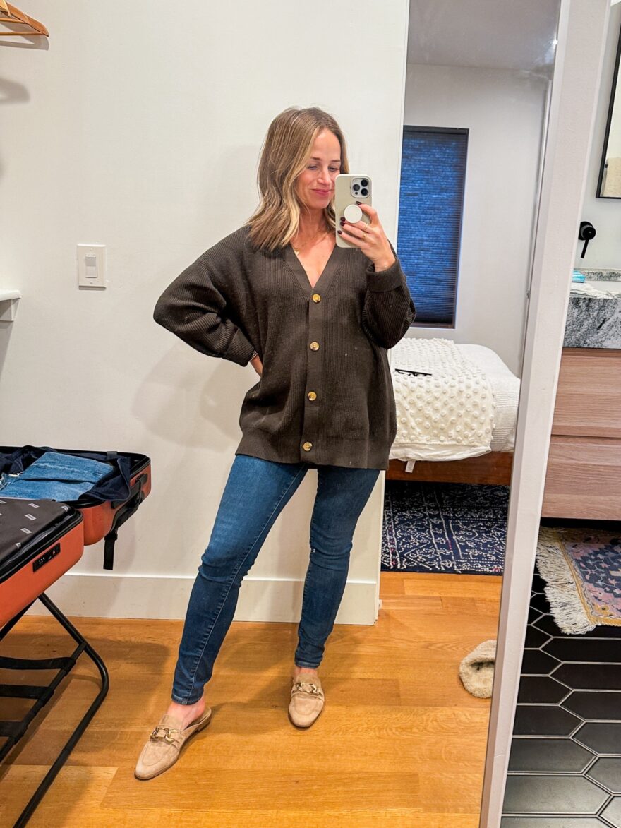 TeriLyn Adams wearing Oversized Open Front Cardigan , non-maternity maternity clothes